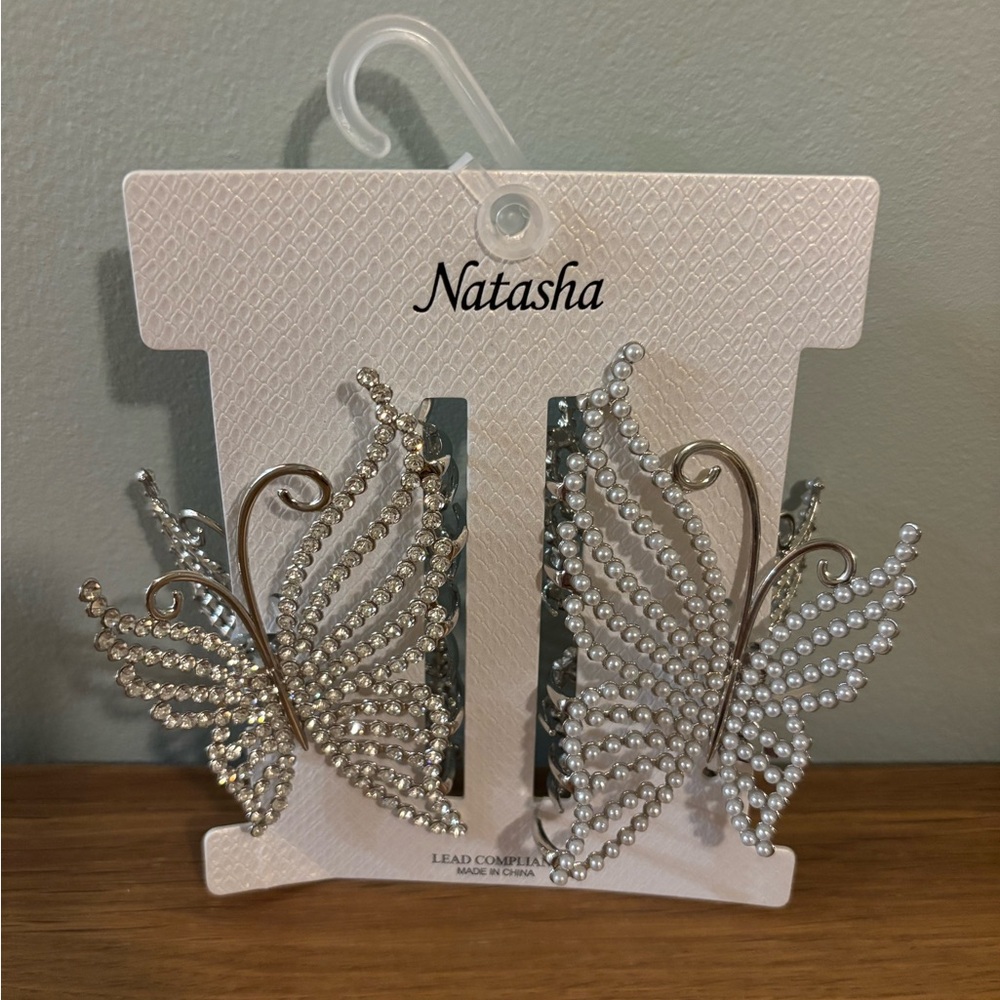 Natasha Couture butterfly hair clips one clear rhinestones and one pearls New